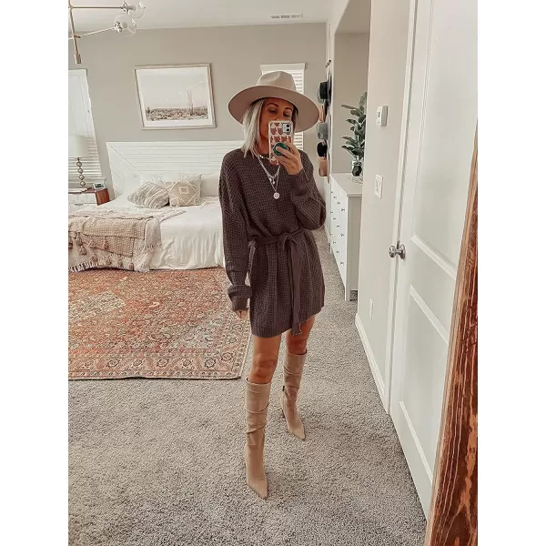 imageZESICA Womens 2023 Fall Long Sleeve Solid Color Waffle Knitted Tie Wasit Tunic Pullover Sweater DressCoffee