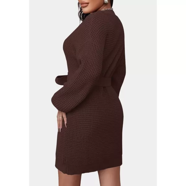 imageZESICA Womens 2023 Fall Long Sleeve Solid Color Waffle Knitted Tie Wasit Tunic Pullover Sweater DressCoffee