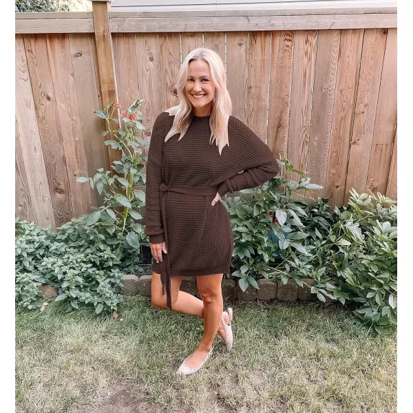 imageZESICA Womens 2023 Fall Long Sleeve Solid Color Waffle Knitted Tie Wasit Tunic Pullover Sweater DressCoffee