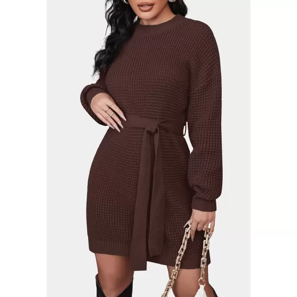 imageZESICA Womens 2023 Fall Long Sleeve Solid Color Waffle Knitted Tie Wasit Tunic Pullover Sweater DressCoffee