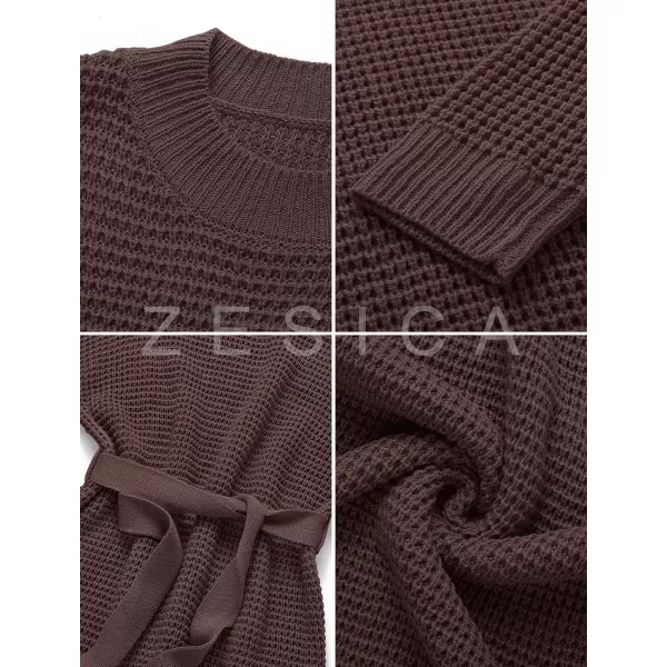 imageZESICA Womens 2023 Fall Long Sleeve Solid Color Waffle Knitted Tie Wasit Tunic Pullover Sweater DressCoffee