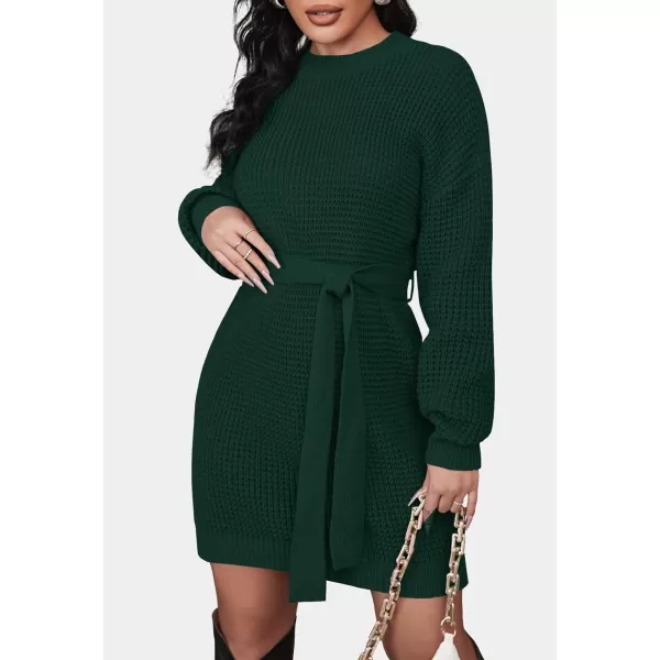 imageZESICA Womens 2023 Fall Long Sleeve Solid Color Waffle Knitted Tie Wasit Tunic Pullover Sweater DressDarkgreen