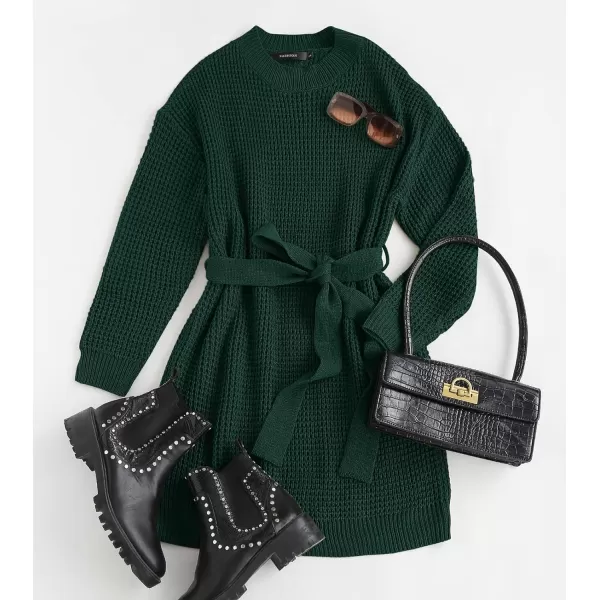 imageZESICA Womens 2023 Fall Long Sleeve Solid Color Waffle Knitted Tie Wasit Tunic Pullover Sweater DressDarkgreen