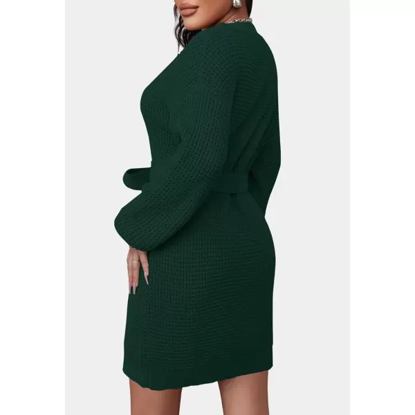 imageZESICA Womens 2023 Fall Long Sleeve Solid Color Waffle Knitted Tie Wasit Tunic Pullover Sweater DressDarkgreen