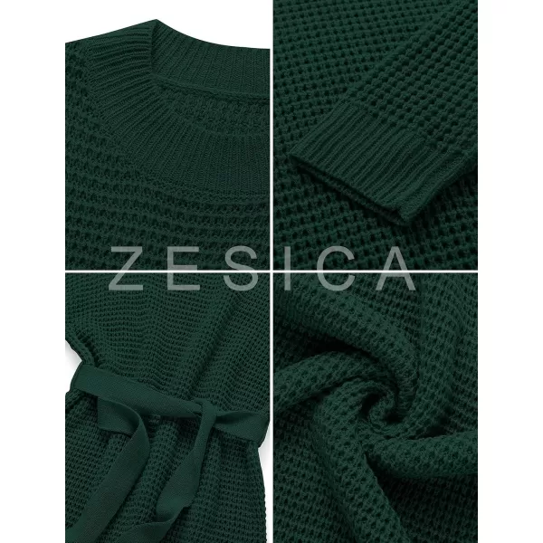 imageZESICA Womens 2023 Fall Long Sleeve Solid Color Waffle Knitted Tie Wasit Tunic Pullover Sweater DressDarkgreen