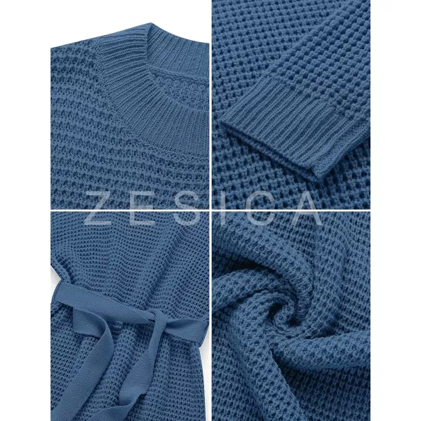 imageZESICA Womens 2023 Fall Long Sleeve Solid Color Waffle Knitted Tie Wasit Tunic Pullover Sweater DressDustyblue