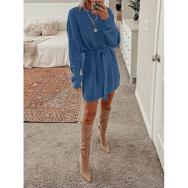 imageZESICA Womens 2023 Fall Long Sleeve Solid Color Waffle Knitted Tie Wasit Tunic Pullover Sweater DressDustyblue