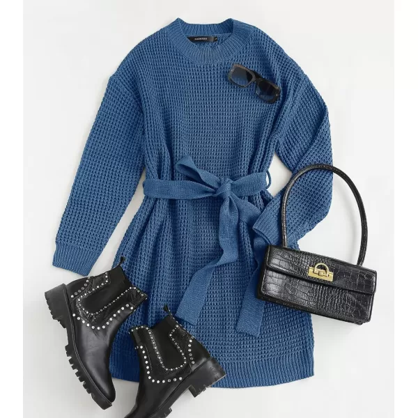 imageZESICA Womens 2023 Fall Long Sleeve Solid Color Waffle Knitted Tie Wasit Tunic Pullover Sweater DressDustyblue