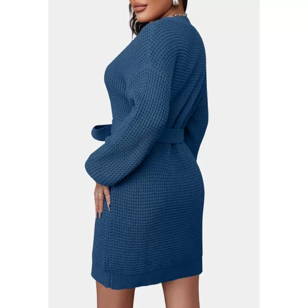 imageZESICA Womens 2023 Fall Long Sleeve Solid Color Waffle Knitted Tie Wasit Tunic Pullover Sweater DressDustyblue
