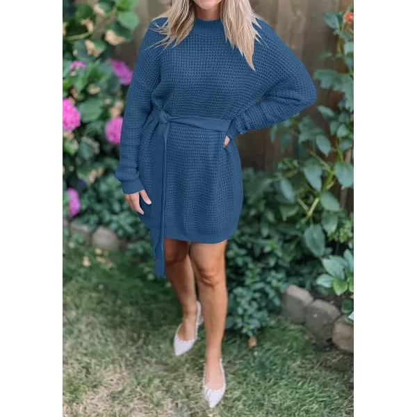 imageZESICA Womens 2023 Fall Long Sleeve Solid Color Waffle Knitted Tie Wasit Tunic Pullover Sweater DressDustyblue