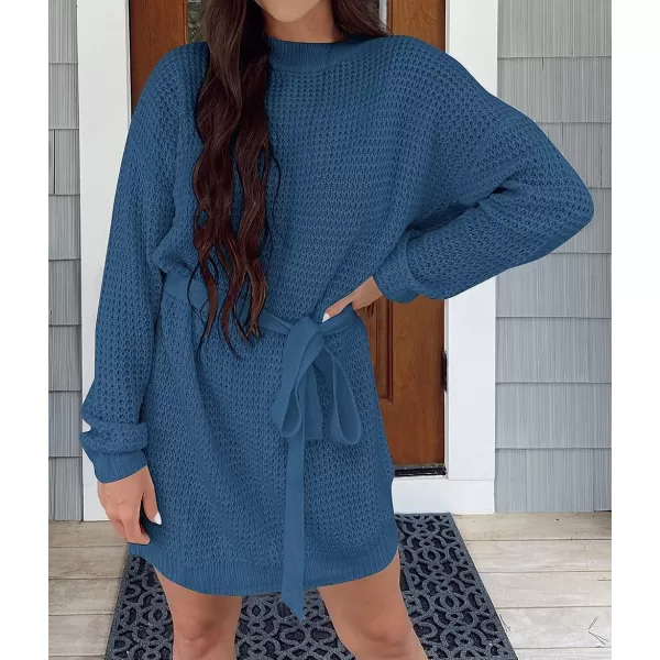 imageZESICA Womens 2023 Fall Long Sleeve Solid Color Waffle Knitted Tie Wasit Tunic Pullover Sweater DressDustyblue