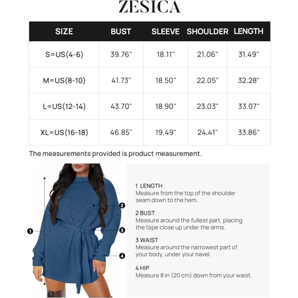 imageZESICA Womens 2023 Fall Long Sleeve Solid Color Waffle Knitted Tie Wasit Tunic Pullover Sweater DressDustyblue