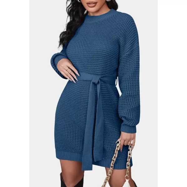 imageZESICA Womens 2023 Fall Long Sleeve Solid Color Waffle Knitted Tie Wasit Tunic Pullover Sweater DressDustyblue