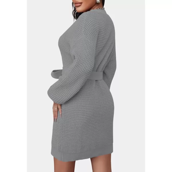 imageZESICA Womens 2023 Fall Long Sleeve Solid Color Waffle Knitted Tie Wasit Tunic Pullover Sweater DressGrey