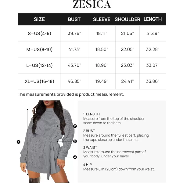 imageZESICA Womens 2023 Fall Long Sleeve Solid Color Waffle Knitted Tie Wasit Tunic Pullover Sweater DressGrey