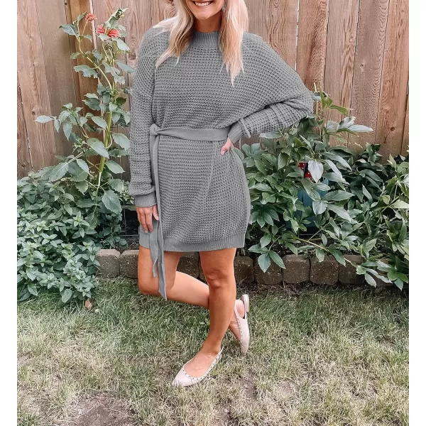 imageZESICA Womens 2023 Fall Long Sleeve Solid Color Waffle Knitted Tie Wasit Tunic Pullover Sweater DressGrey