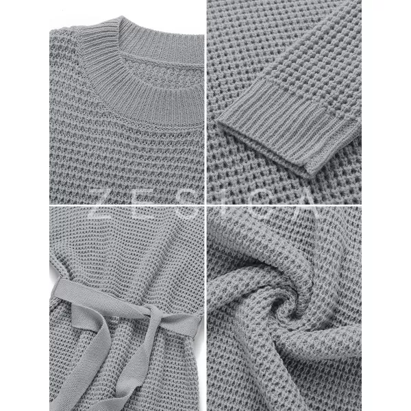 imageZESICA Womens 2023 Fall Long Sleeve Solid Color Waffle Knitted Tie Wasit Tunic Pullover Sweater DressGrey