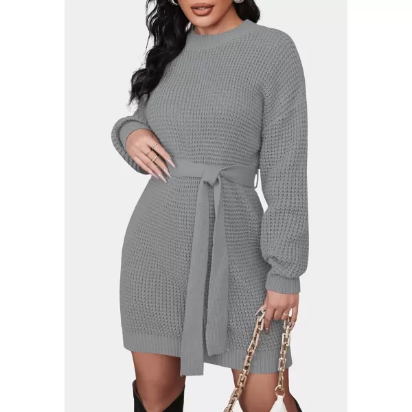 imageZESICA Womens 2023 Fall Long Sleeve Solid Color Waffle Knitted Tie Wasit Tunic Pullover Sweater DressGrey