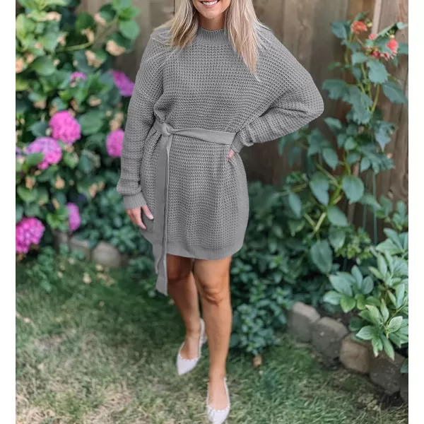 imageZESICA Womens 2023 Fall Long Sleeve Solid Color Waffle Knitted Tie Wasit Tunic Pullover Sweater DressGrey