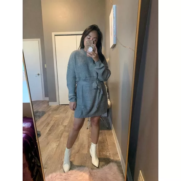imageZESICA Womens 2023 Fall Long Sleeve Solid Color Waffle Knitted Tie Wasit Tunic Pullover Sweater DressGrey