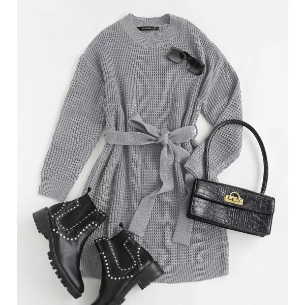 imageZESICA Womens 2023 Fall Long Sleeve Solid Color Waffle Knitted Tie Wasit Tunic Pullover Sweater DressGrey
