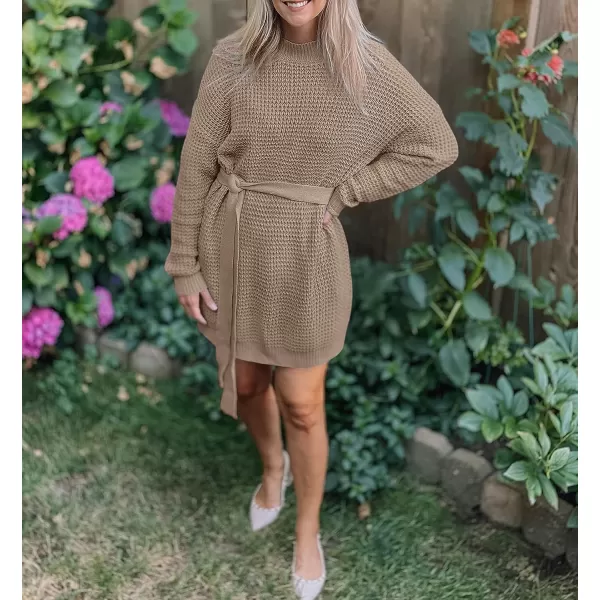imageZESICA Womens 2023 Fall Long Sleeve Solid Color Waffle Knitted Tie Wasit Tunic Pullover Sweater DressKhaki