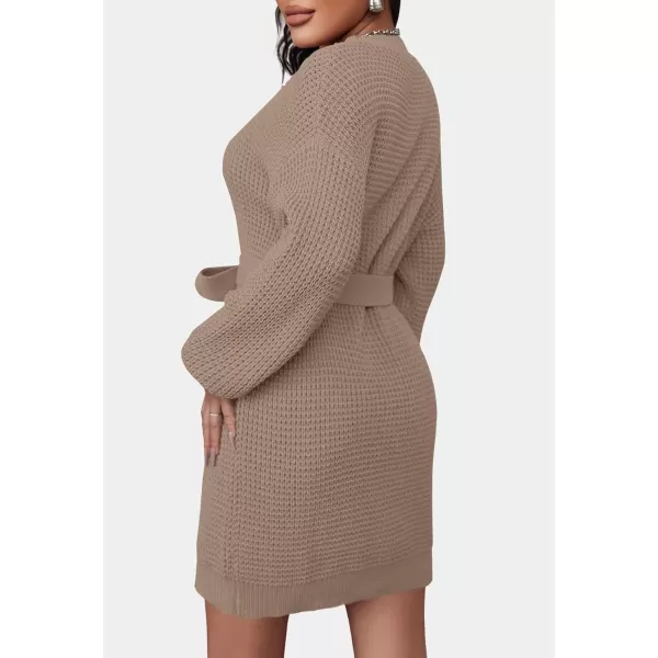 imageZESICA Womens 2023 Fall Long Sleeve Solid Color Waffle Knitted Tie Wasit Tunic Pullover Sweater DressKhaki