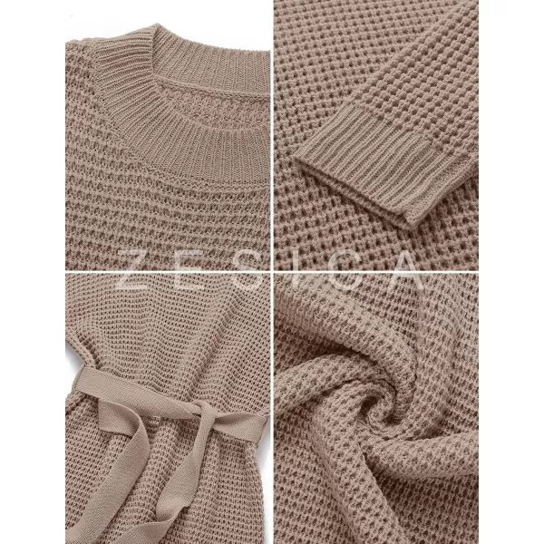 imageZESICA Womens 2023 Fall Long Sleeve Solid Color Waffle Knitted Tie Wasit Tunic Pullover Sweater DressKhaki