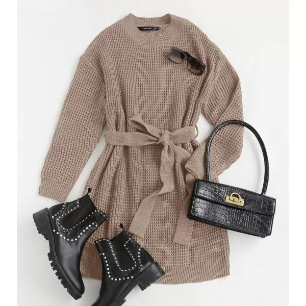 imageZESICA Womens 2023 Fall Long Sleeve Solid Color Waffle Knitted Tie Wasit Tunic Pullover Sweater DressKhaki