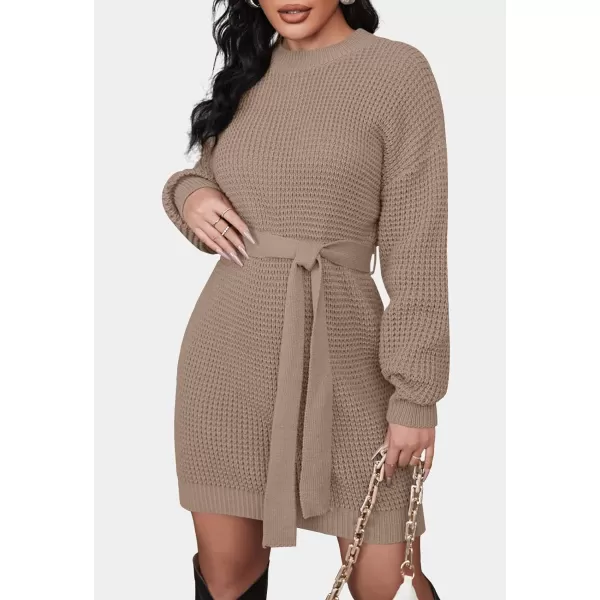 imageZESICA Womens 2023 Fall Long Sleeve Solid Color Waffle Knitted Tie Wasit Tunic Pullover Sweater DressKhaki