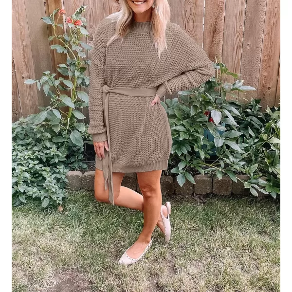 imageZESICA Womens 2023 Fall Long Sleeve Solid Color Waffle Knitted Tie Wasit Tunic Pullover Sweater DressKhaki