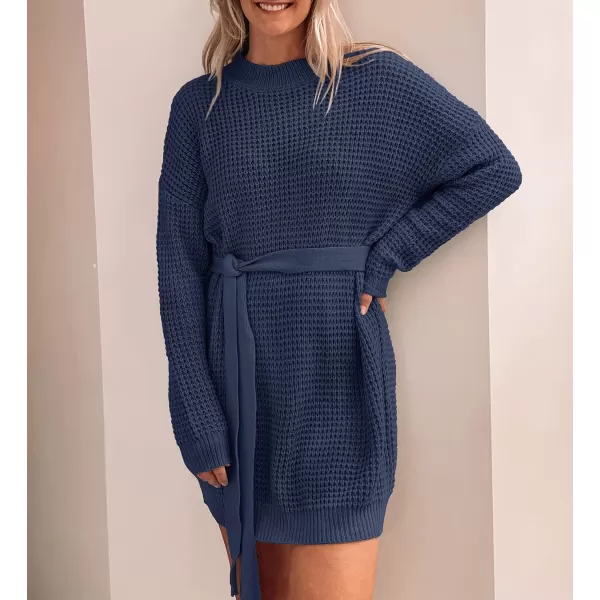 imageZESICA Womens 2023 Fall Long Sleeve Solid Color Waffle Knitted Tie Wasit Tunic Pullover Sweater DressNavy