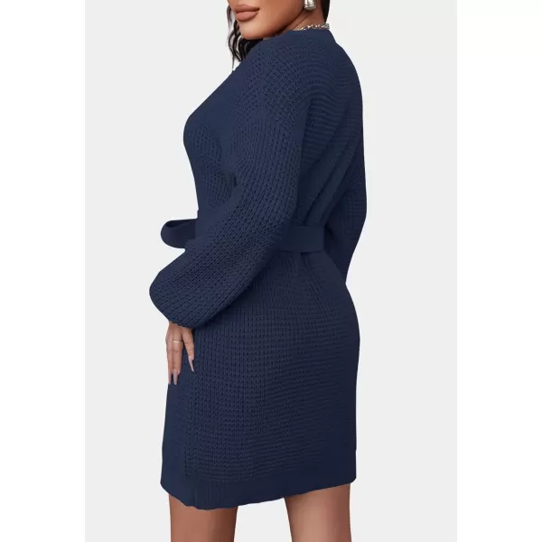 imageZESICA Womens 2023 Fall Long Sleeve Solid Color Waffle Knitted Tie Wasit Tunic Pullover Sweater DressNavy