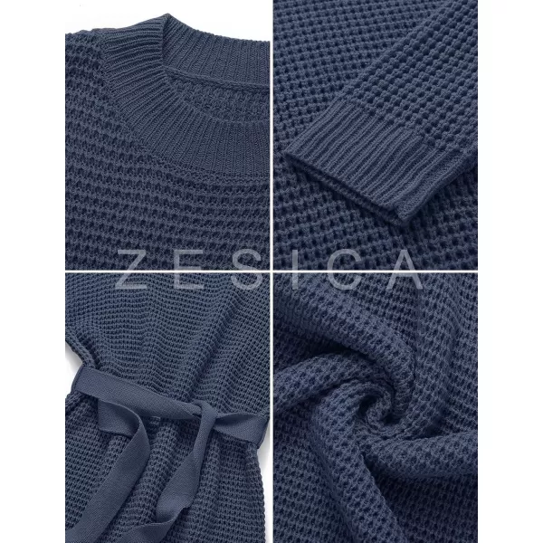 imageZESICA Womens 2023 Fall Long Sleeve Solid Color Waffle Knitted Tie Wasit Tunic Pullover Sweater DressNavy