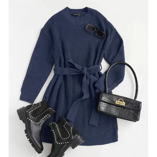 imageZESICA Womens 2023 Fall Long Sleeve Solid Color Waffle Knitted Tie Wasit Tunic Pullover Sweater DressNavy
