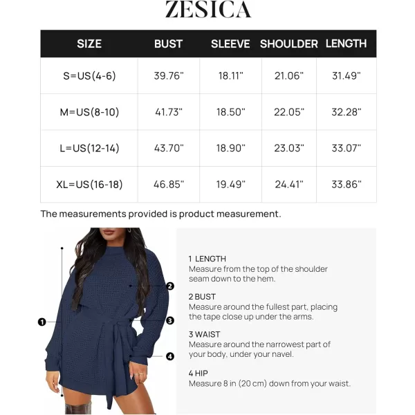 imageZESICA Womens 2023 Fall Long Sleeve Solid Color Waffle Knitted Tie Wasit Tunic Pullover Sweater DressNavy