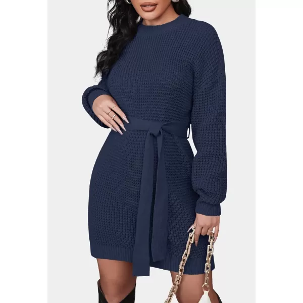 imageZESICA Womens 2023 Fall Long Sleeve Solid Color Waffle Knitted Tie Wasit Tunic Pullover Sweater DressNavy