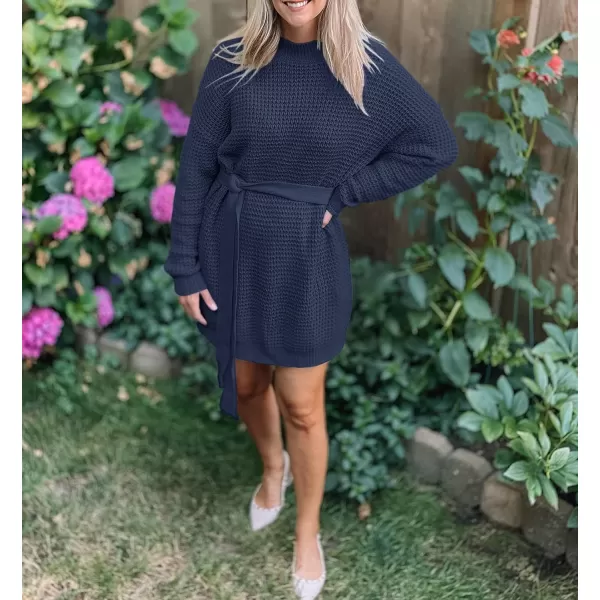 imageZESICA Womens 2023 Fall Long Sleeve Solid Color Waffle Knitted Tie Wasit Tunic Pullover Sweater DressNavy