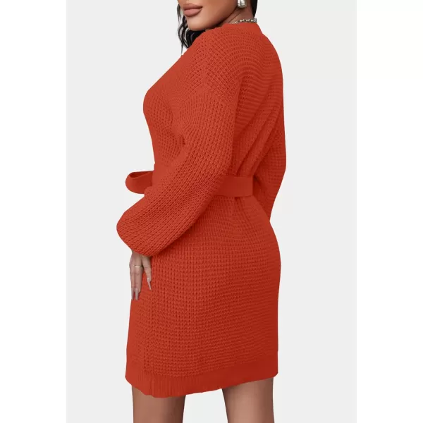 imageZESICA Womens 2023 Fall Long Sleeve Solid Color Waffle Knitted Tie Wasit Tunic Pullover Sweater DressOrange