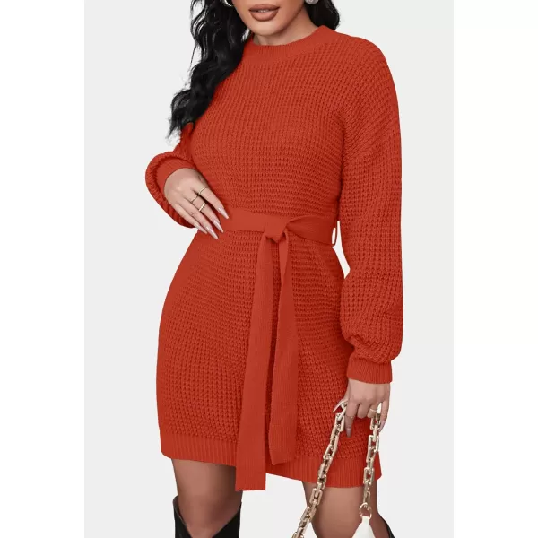 imageZESICA Womens 2023 Fall Long Sleeve Solid Color Waffle Knitted Tie Wasit Tunic Pullover Sweater DressOrange