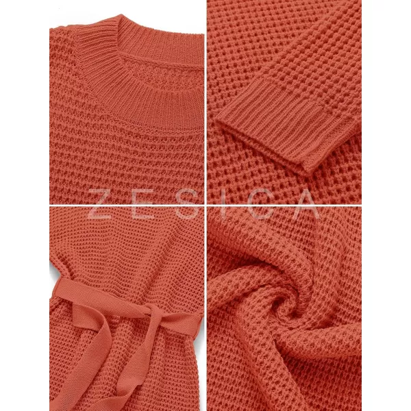 imageZESICA Womens 2023 Fall Long Sleeve Solid Color Waffle Knitted Tie Wasit Tunic Pullover Sweater DressOrange