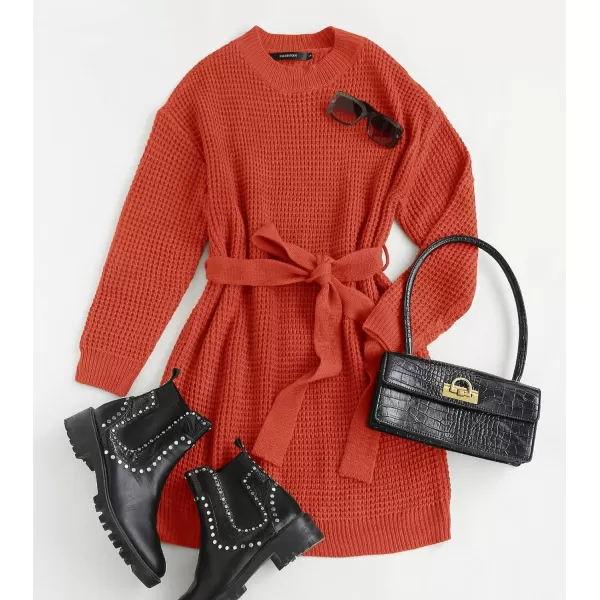 imageZESICA Womens 2023 Fall Long Sleeve Solid Color Waffle Knitted Tie Wasit Tunic Pullover Sweater DressOrange