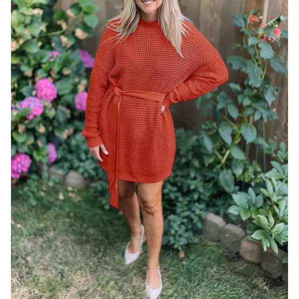 imageZESICA Womens 2023 Fall Long Sleeve Solid Color Waffle Knitted Tie Wasit Tunic Pullover Sweater DressOrange