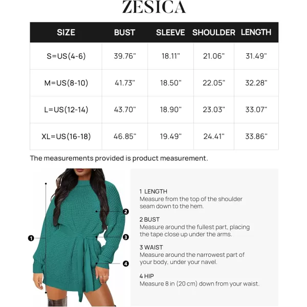 imageZESICA Womens 2023 Fall Long Sleeve Solid Color Waffle Knitted Tie Wasit Tunic Pullover Sweater DressPeacock