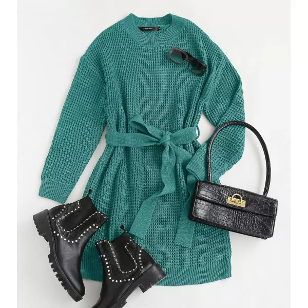 imageZESICA Womens 2023 Fall Long Sleeve Solid Color Waffle Knitted Tie Wasit Tunic Pullover Sweater DressPeacock
