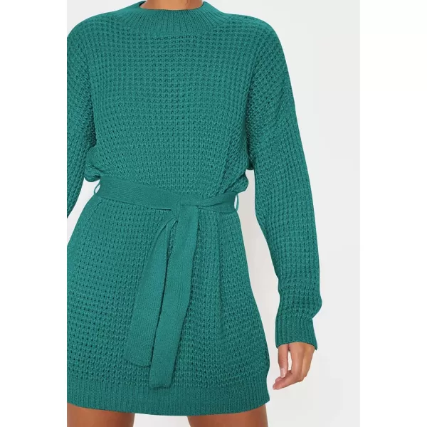 imageZESICA Womens 2023 Fall Long Sleeve Solid Color Waffle Knitted Tie Wasit Tunic Pullover Sweater DressPeacock