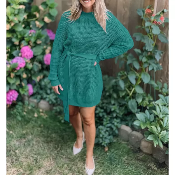 imageZESICA Womens 2023 Fall Long Sleeve Solid Color Waffle Knitted Tie Wasit Tunic Pullover Sweater DressPeacock