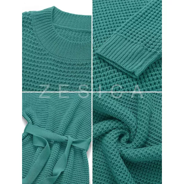 imageZESICA Womens 2023 Fall Long Sleeve Solid Color Waffle Knitted Tie Wasit Tunic Pullover Sweater DressPeacock