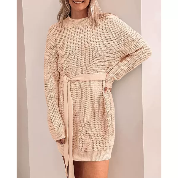 imageZESICA Womens 2023 Fall Long Sleeve Solid Color Waffle Knitted Tie Wasit Tunic Pullover Sweater DressPink