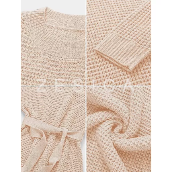 imageZESICA Womens 2023 Fall Long Sleeve Solid Color Waffle Knitted Tie Wasit Tunic Pullover Sweater DressPink